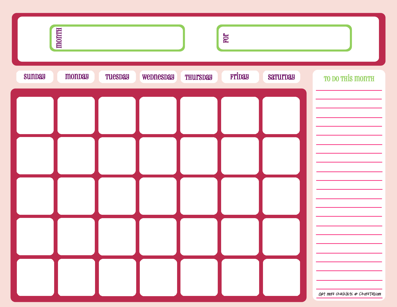 Free Printable Calendar Chore Charts