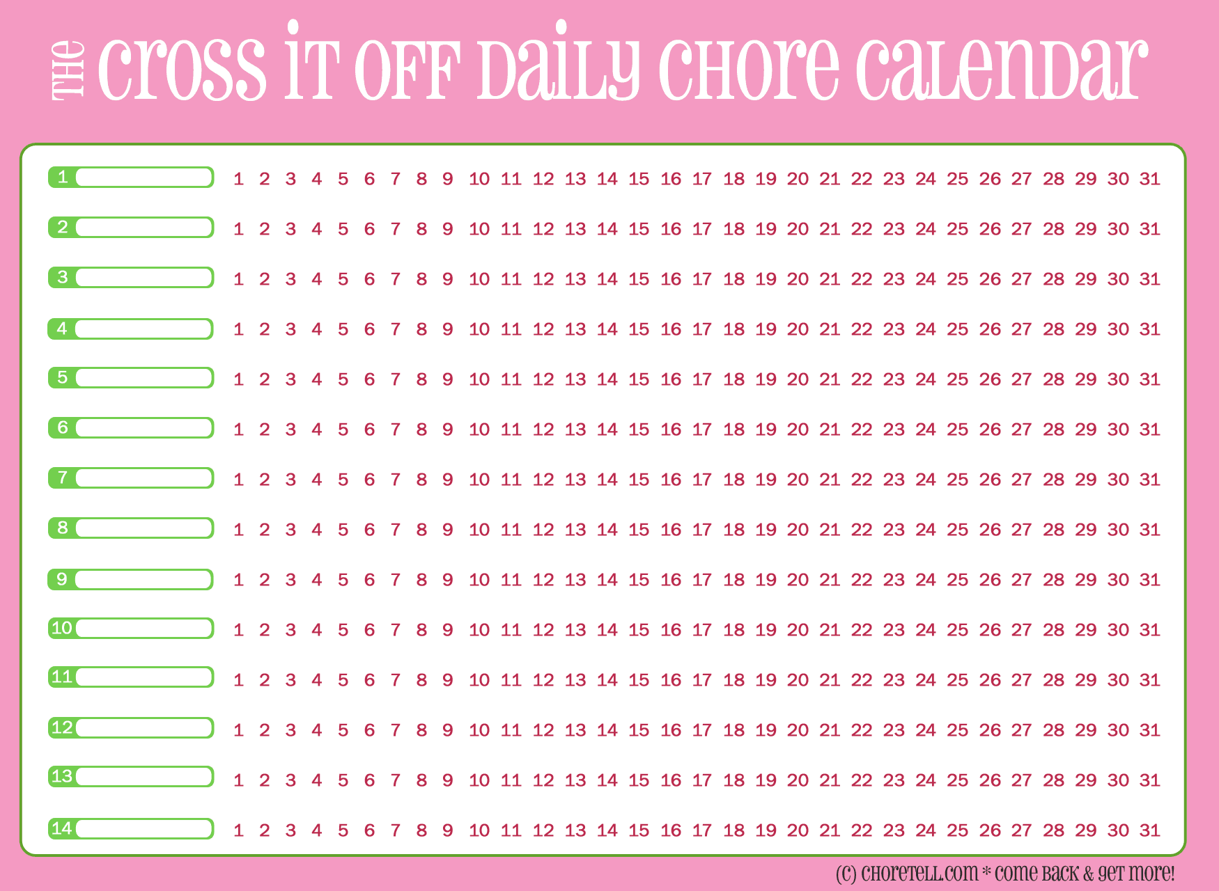 Free printable crossitoff chore calendar, pink and white Free