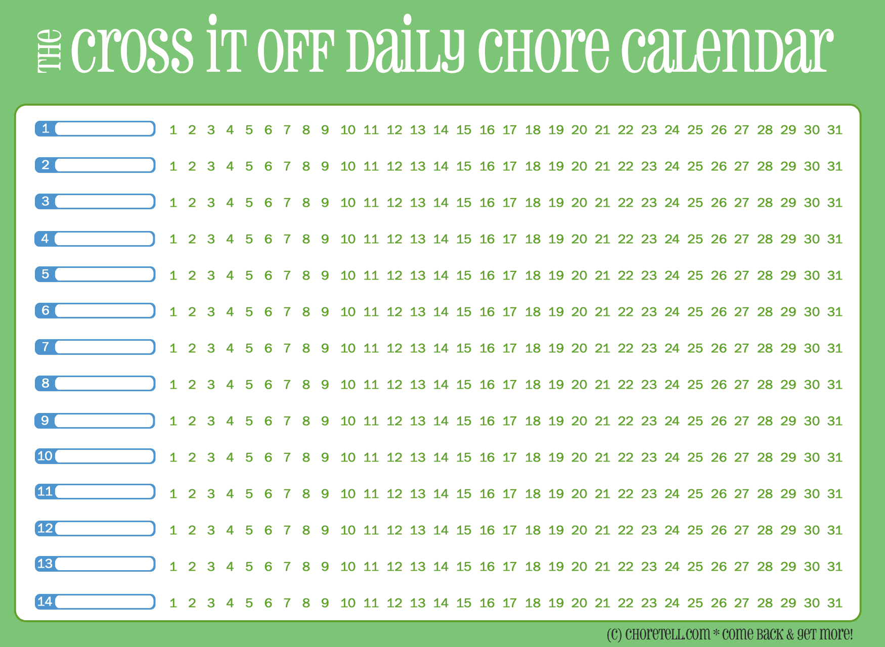 Free printable daily chore calendar, green Free printable downloads