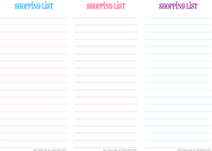 Shopping list: 3 blank pages - blue, pink and purple