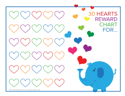 elephant and colorful rainbow hearts reward chart