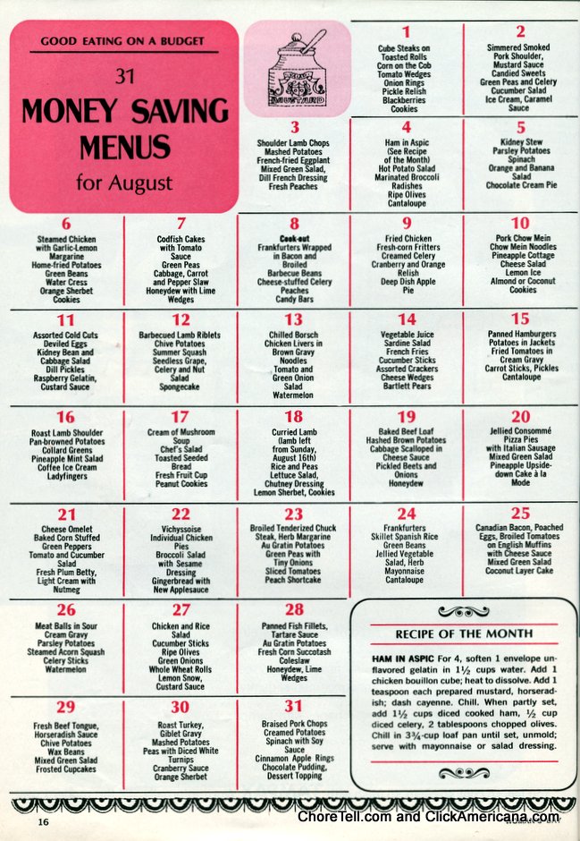 menu calendar august